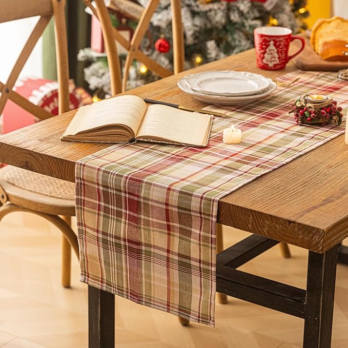 Beige Plaid Christmas Table Runner, Winter Holiday Table Runners 72 inches Long Xmas Decorations Indoor Outdoor Farmhouse Home Kitchen Dining Party Decor