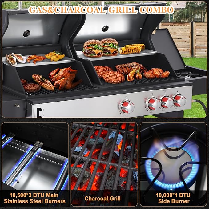 CIG GARDEN Gas and Charcoal Combo Grill, 3 Burner Propane Gas Grill with Side Burner, Cast Iron Grates Outdoor Barbecue Grill with 41,500 BTU Output, Perfect for Outdoor Cooking, Balcony, Camping