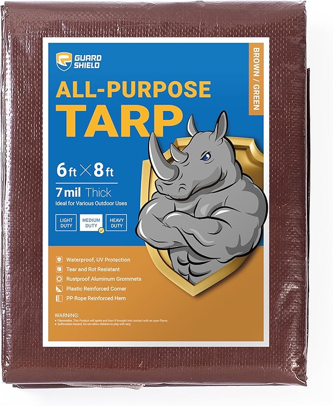 GUARD SHIELD Brown/Green Tarp 6x8 Feet Medium Duty Outdoor Waterproof Multi Purpose Poly Tarps Cover 7mil