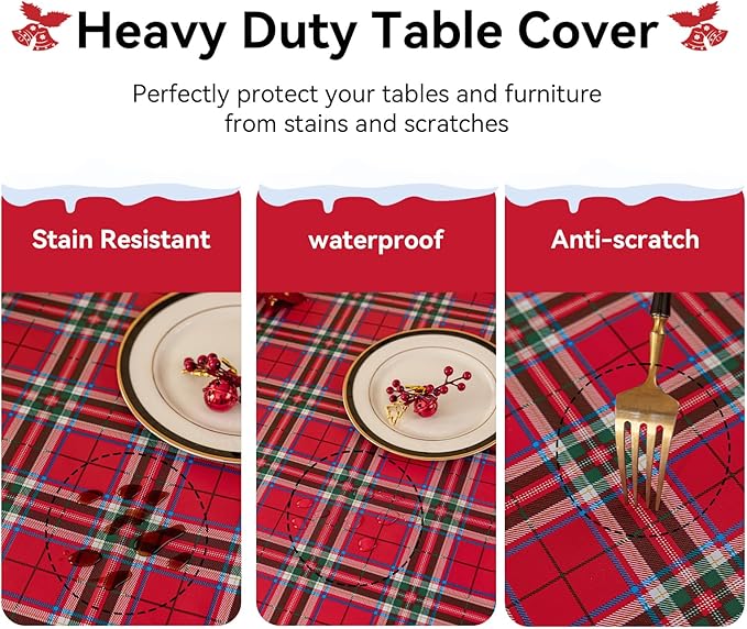 Romanstile Christmas Plaid Square Vinyl Tablecloth, 100% Waterproof Checkered PVC Table Cloth, Heavy Duty Xmas Gingham Plastic Table Cover for Dining, Party, Holiday Decor - 54 x 54 Inch, Red