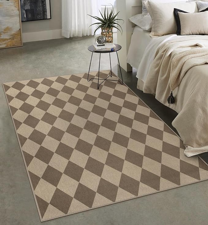Easy Jute Brown Checkered 5x7 Area Rug, Washable Modern Rugs for Living Room Non-Slip Diamond Bedroom Rug, Neutral Farmhouse Indoor Outdoor Carpet for Patio Dining Room Classroom