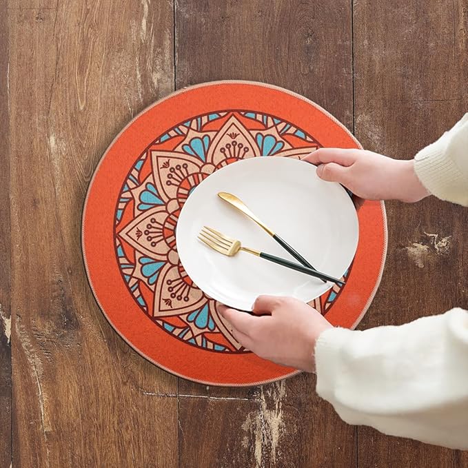 PIGCHCY Rubber Boho Placemats Set of 6, 15" Round Heat Resistant Placemat, Waterproof Washable Table Mats for Dining Table Decoration (Orange)
