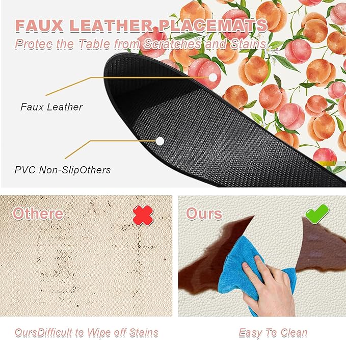 Placemats Set of 4 - Faux Leather Heat Resistant Placemats for Dinner Table, Non-Slip Waterproof Oil-Proof Washable Reusable Placemat for Indoor Outdoor Kitchen Decor, 15.75In*11.81In