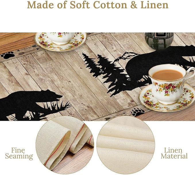 Bear Table Runner, Wild Animals Rustic Cabin Forest Bear Print Wooden Board Table Runner for Dining Kitchen Home 13x36in