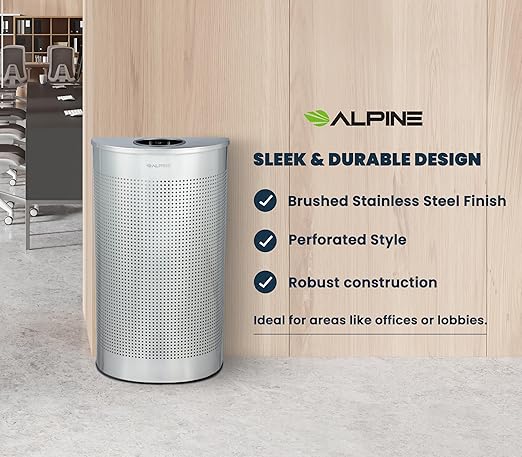 Alpine Half Round Trash Can Open Top - Modern 12 Gallon Stainless Steel Space Saving Indoor Commercial Trash Can, Narrow Garbage Can for Bathroom. Office, Lobby and Business.