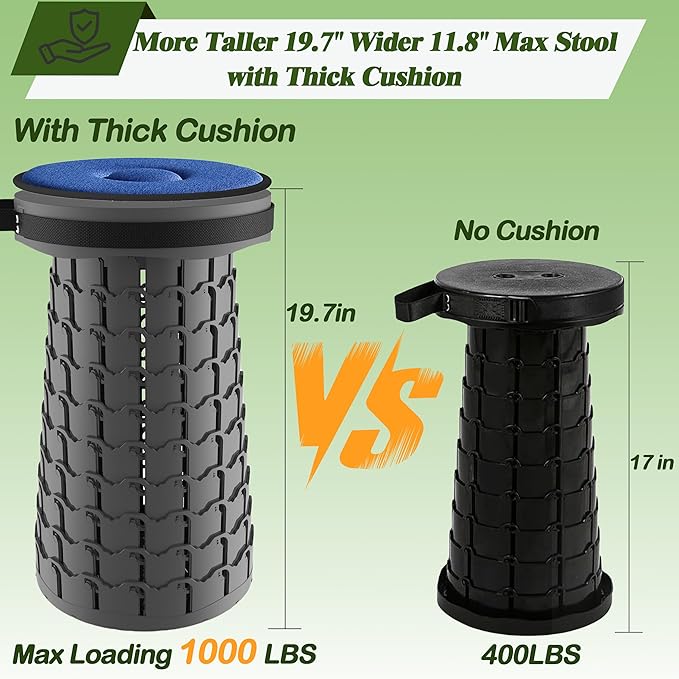 ALEVMOOM Upgraded XXL Collapsilbe Stool with Cushion,More Sturdy and Height 19.7“,D11.8”,Portable and Lightweight Adjustable Telescoping Stool for Camping Hiking BBQ Max Loading 1000Ibs
