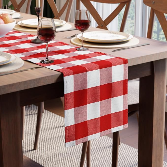 Encasa XO Cotton Dining Table Runner | Buffalo Red Checks | Size 13x59 in - Machine Washable & Durable