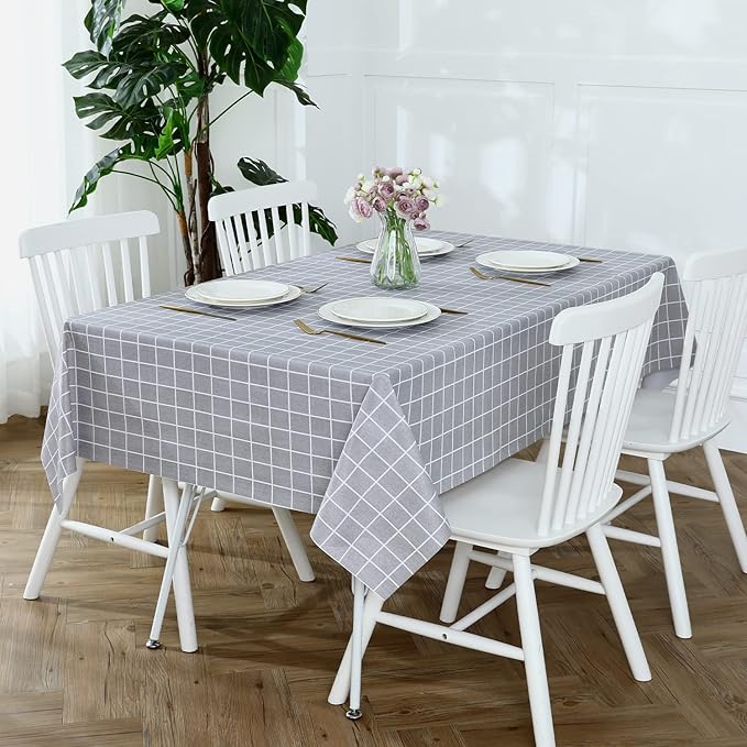 Romanstile Rectangle Vinyl Tablecloth, 100% Waterproof Oil-Proof Checkered Plastic Table Cloth, Heavy Duty Wipeable Table Covers for Dining, Camping, Picnic, Outdoor - 60 x 120 Inch, Grey