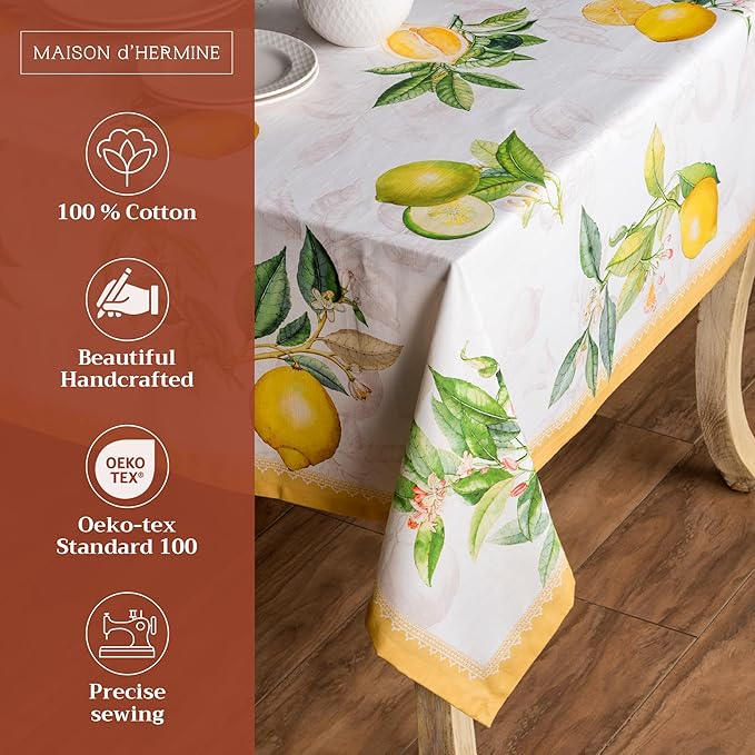 Maison d' Hermine Table Cloth Rectangle Table 100% Cotton 60 x 108 Inches Tablecloth Reusable Decorative for Dining Room, Farmhouse, Home, Party, Festive & Wedding Spring Summer - Limoncello