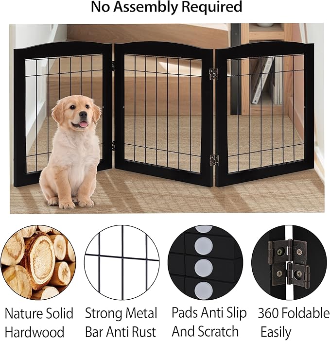 LZRS 3-Panel Freestanding Foldable Wooden Dog Gate –Solid Wood & Steel Wire Chew-Resistant Indoor Safety Pet Fence for Doorways & Stairs, Ideal for Small to Medium Dogs & Puppies, Black