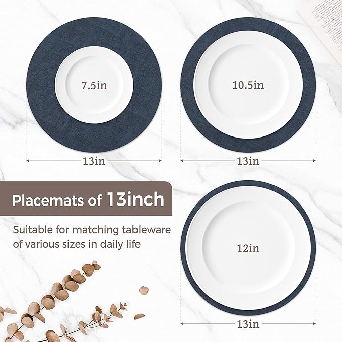 13" Round Placemats Set of 8, Reversible Faux Leather Heat Resistant Table Mats, 100% Waterproof Oilproof Wipeable Table Protective Placemats for Vinyl, Washable for Indoor (8, Navy Blue)
