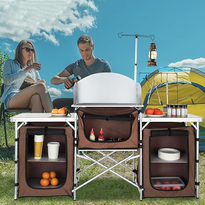 VEVOR Camping Kitchen Table, Folding Outdoor Cooking Table with Storage Carrying Bag, Aluminum Cook Station 3 Cupboard & Detachable Windscreen, Quick Set-up for Picnics, BBQ, RV Traveling, Brown