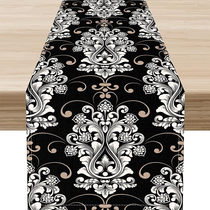 Goth Table Runner, Antique Gothic Damask Pattern Baroque Style Black Floral Flower Exotic Coffee Vintage Table Center Decor for Kitchen and Dining Outdoor Country Party Table Decorations, 13"x108"