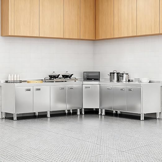KINGBO Stainless Steel Corner Cabinet Heavy Duty Prep Table with 304 Stainless Steel Worktop Commercial Worktable Workbench with Storage Cabinet for Kitchen Garage Restaurant Outdoor