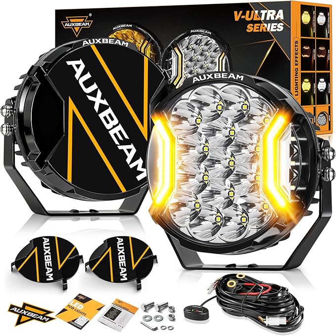 Auxbeam V-Ultra Series 7 Inch LED Pod Lights, 226W 26800LM Side Shooter Offroad Round Pods with Amber DRL& Black Cover, 270° Ultra-Wide Spotlights Universal Dual Color Light for Jeep ATV UTV, Pair
