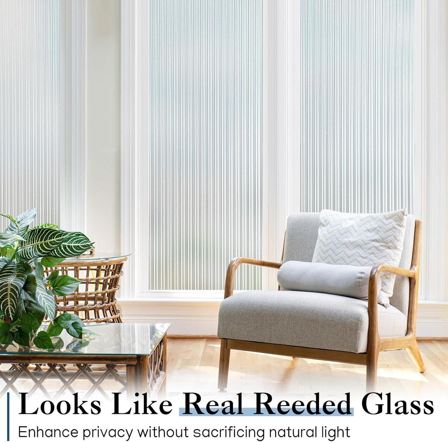 Haton Reeded Glass Window Privacy Film, Frosted Glass Window Film, Static Cling UV Blocking Stickers, Decorative Removable Cover for Bathroom Door Office, Non Adhesive 35.4" x 157.4"