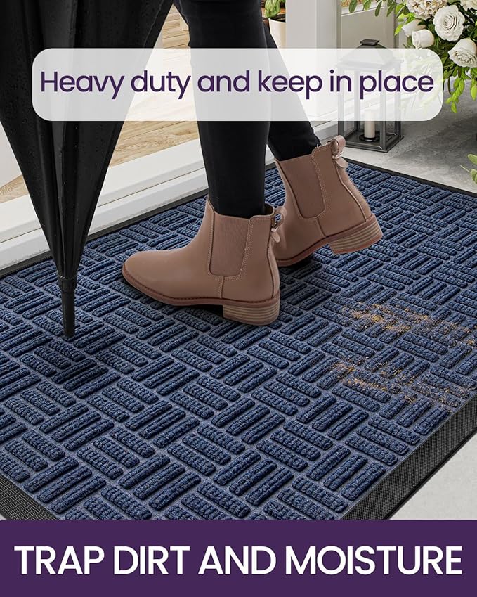 DEXI Front Door Mat Outside Entrance, Rubber Entry Doormat Heavy Duty, Welcome Mats Non Slip for Inside House Floor Entryway Back Doors Exterior Patio, 27.5"x59", Maze Blue