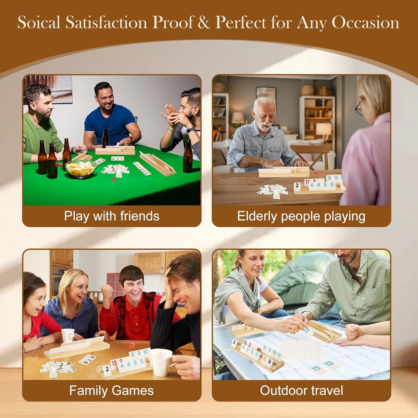 Upgraded 2-4 Players Rummy Game, 106 Melamine Tiles, 4 Wooden Racks, Premium Portable Case, Drawstring Bags, Tile Board Games for Adults, Birthday Gifts for Men Women Dad Mom