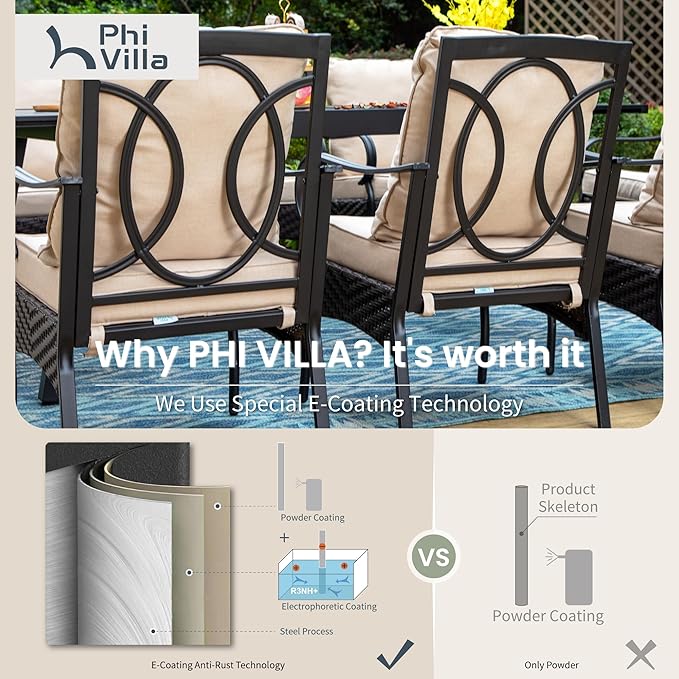 PHI VILLA Patio Chairs Set of 2, Heavy Duty Outdoor Metal Wicker Dining Chair with Thick Cushions, Large All Weather Wrought Iron Deck Chair for Outisde, Porch Backyard, Support 300lbs