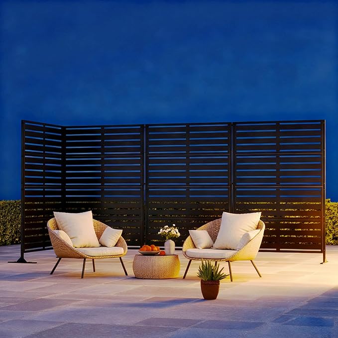 Modern Shade Metal Privacy Screen Outdoor 72" H x 48" W, Stable & Durable Privacy Fence Panels for Instant Privacy & Space Division, Freestanding Decorative Patio Screens for Outdoor, Black (4 Panel)