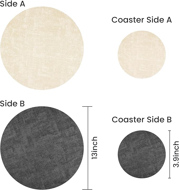 13-Inch Faux Leather Round Placemats Set of 12, Waterproof Anti-Slip Dual Sided Place mats, Heat Resistant Washable Table Mats with Coaster, Suitable for Indoor & Outdoor (12, Black Beige)