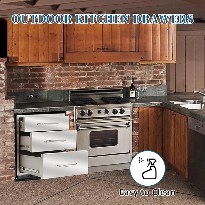 Outdoor Kitchen Drawers 18"Wx21"Hx23"D Flush Mount Access 3-Drawer BBQ Stainless Steel Drawers with Handle for Outdoor Kitchen Island or Grill Station