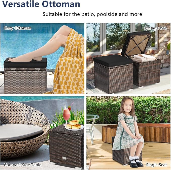 Tangkula 2 Pieces Patio Ottomans, Patiojoy Hand-Woven PE Rattan Side Table with Removable Cushion & Hidden Storage Space, Multifunctional Storage Box, Seat for Patio, Backyard, Poolside (Black)