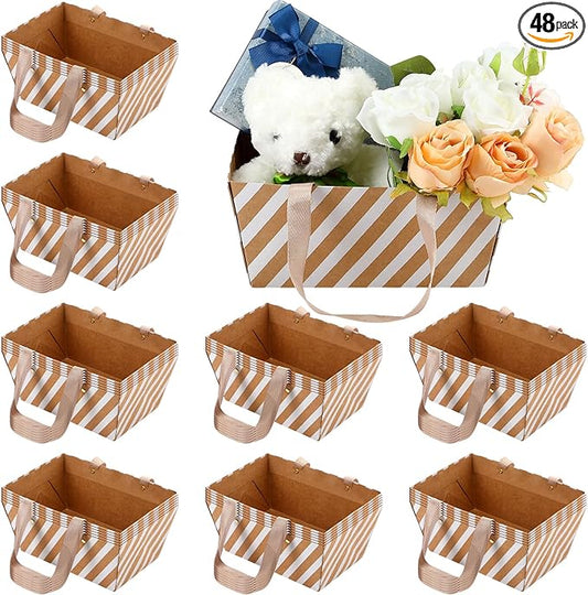 Pinkunn 48 Pcs Basket for Gifts Empty DIY Bulk Party Gift Basket Kit with Handles Market Trays for Packages Wrapping Wedding Party Anniversary Display(Brown, Beige,Stripes)