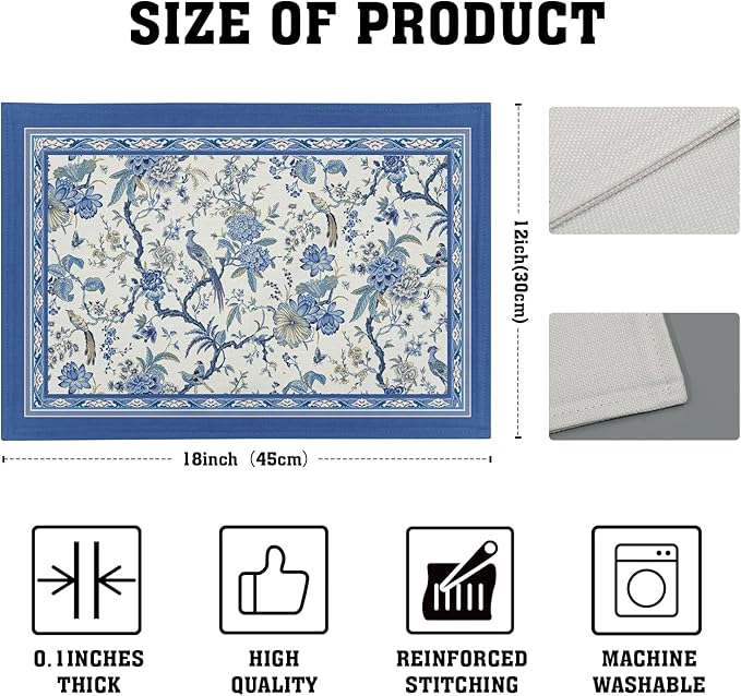 Giwawa 4PCs Chinoiserie Placemats Blue White Floral Birds Decorative Linen Table Mat 12"x18" Oriental Style Classic Flowers Heat Resistant Washable Place Mats for Kitchen Dining Party
