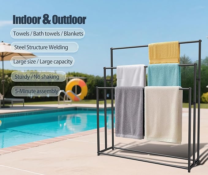 3 Tier Standing Towel Rack - Extra Wide Large Bathroom Towel Stand, Heavy-Duty Metal Towel Drying Rack for Poolside (Matte Black)