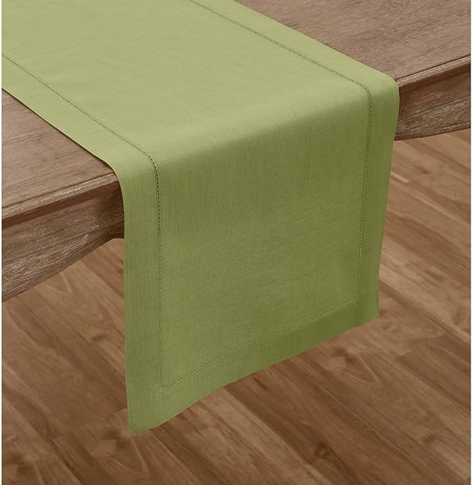 Solino Home Linen Moss Green Table Runner 90 Inches Long - 100% Pure Linen Hemstitch 14 x 90 Inch Table Runner for Dining, Winter, Spring, Easter, St Patricks Day - Classic Hemstitch