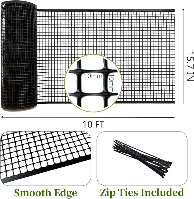 PotatoLife Plastic Wire Mesh Fence, Balcony Fence for Baby and Pets, Safety Fence, Stair Protector, Poultry, Garden, Tree Support, Durable Material, Free Zip Ties (Black, 15.7'' x 10')