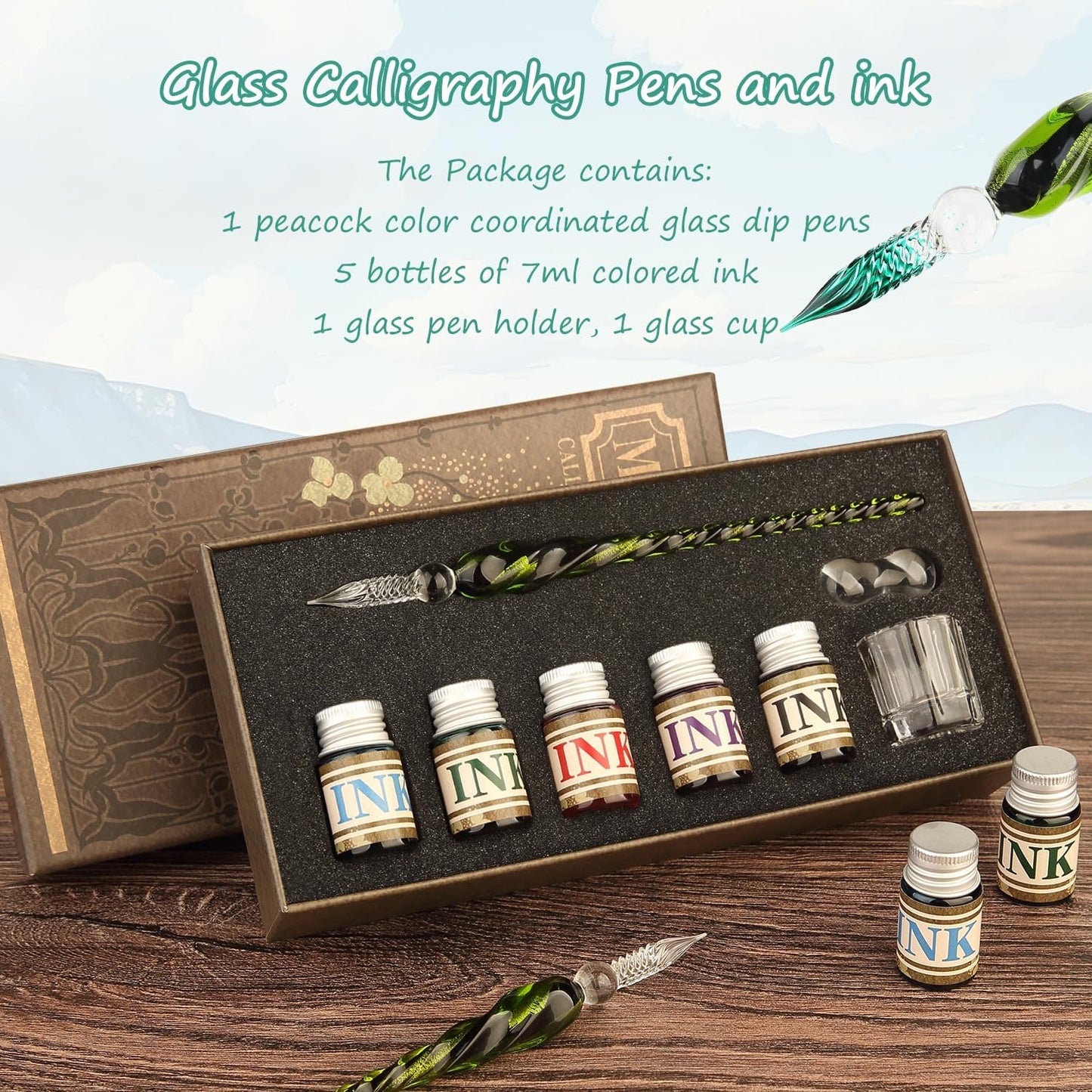 Mancola Glass Dipped Crystal Calligraphy Pen Set with 5 Colorful India Ink, 1 Pen Holder, 1 Cleaning Cup, Ink Drip Tool, Signatures, Drawing, Decoration Kits for Beginners
