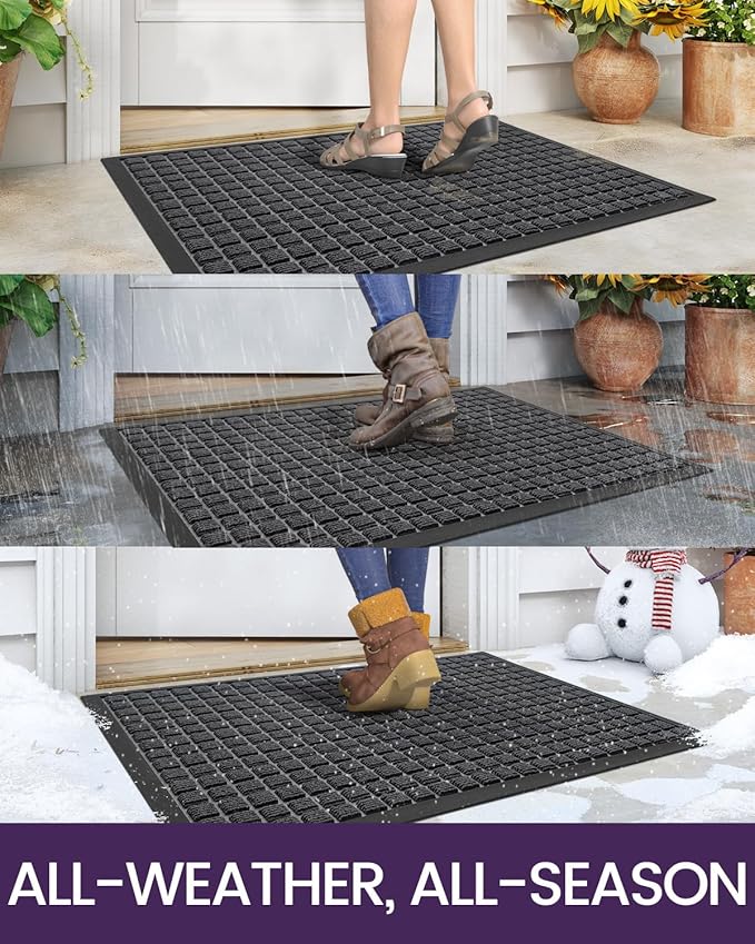 DEXI Front Door Mat Outside Entrance, 2x4 ft Rubber Entry Doormat Heavy Duty, Welcome Mats Non Slip for Inside House Floor Entryway Double Doors Exterior Patio, Checkered Grey