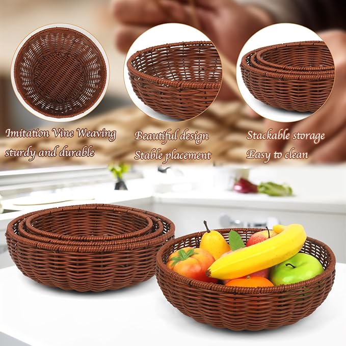 Imitation Wicker Bread Basket, 3 Pack Woven Rattan Basket Round Woven Baskets Woven Breads Baskets For Serving Vegetables, Kitchen, Restaurant, Outdoor, 3 Sizes (Brown)