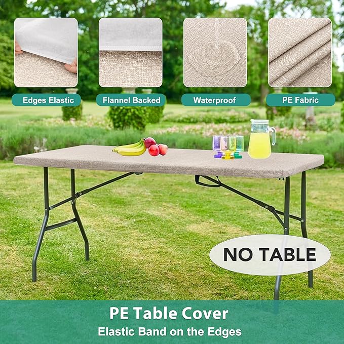 LUSHVIDA 6 Packs Vinyl Tablecloths with Flannel Backing for 6ft Rectangle Folding Table Cloths - Waterproof Plastic Picnic Table Covers with Elastic Corners, 30x72 inch, Natural Color