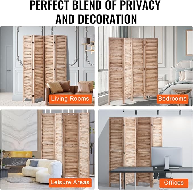 VEVOR Wood Room Divider, 4 Panel Wood Folding Privacy Screen, 66.9 Inches Tall Indoor Louvered Wooden Partition, Portable Decoration Screen, for Room Separation, Home, Office, Restaurant & Bedroom
