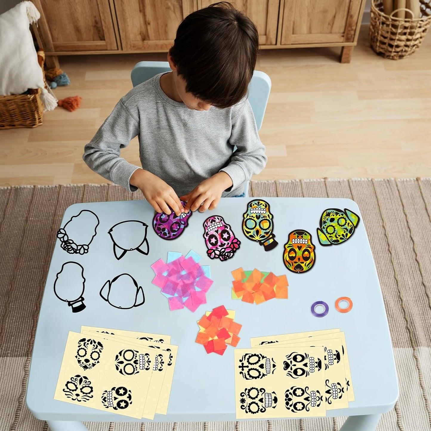 Renbuzhu 36PCS Dia De Los Muertos Crafts Bulk: Sugar Skull Paper Suncatchers DIY Kit for Day of The Dead Halloween Party Activities Decorations, Window Stained Glass Effect Art Supplies