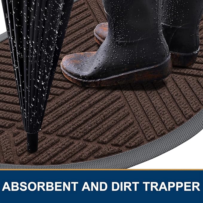 Smiry Half Circle Front Door Mat Outside Entrance, Heavy Duty Sturdy Natural Rubber Doormat, Trap Dirt and Moisture, Low Profile Mats for Indoor Outdoor Entry, Irregular Triangle (36x24, Dark Brown)
