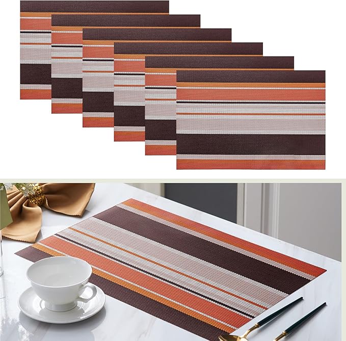 Set of 6 Colorful Striped Vinyl Placemats Heat-Resistant Washable Placemats Non-Slip Woven Table Mats Wipeable Placemat for Kitchen Dining Table Decoration Indoor Outdoor (Autumn Red)