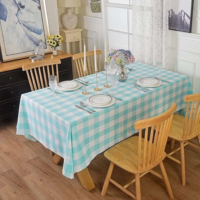 Cupuamon 2 Pack Waterproof Polyester Fabic Rectangle Checkered Tablecloth，60x120 Outdoor Table Cloth，Oil Stain Prevention Table Cloth for Pinics and Parties（Aqua and White）