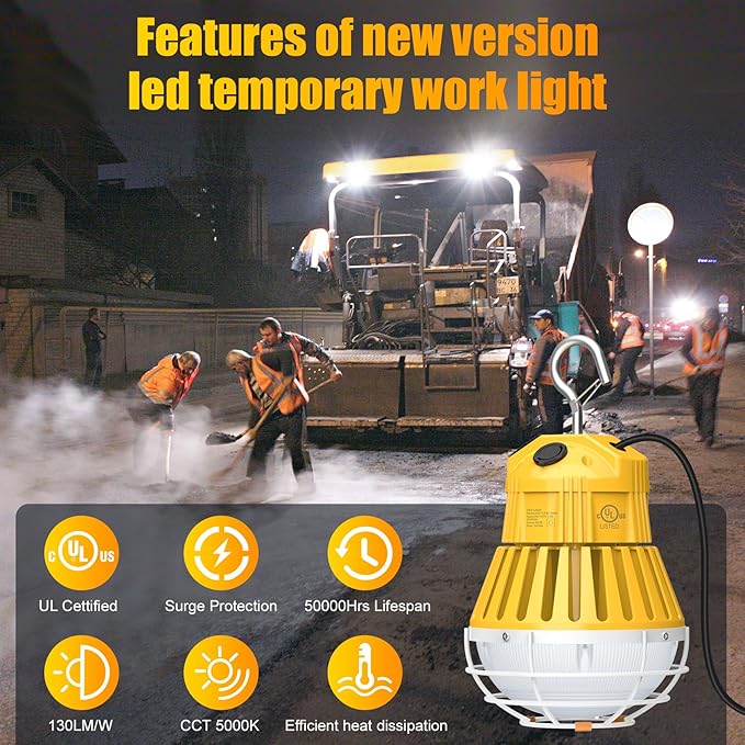 LED Temporary Work Light 100W, 13000LM 5000K Portable Hanging Construction Light with 10ft Cable Plug and Sturdy Hooks Linkable LED Work Light for Job Site Lighting, Workshop, Garage ETL Listed