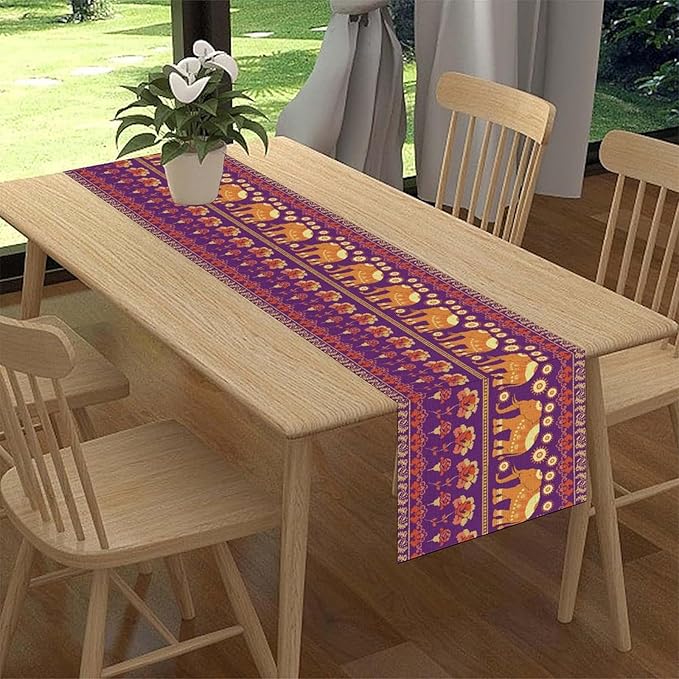 African Tribal Table Runner, Rustic Elephants Floral African Indian Diwali Art Print Purple Coffee Table Center Decor for Home Kitchen Holiday Party Farmhouse Outdoor Table Decorations, 13"x72"