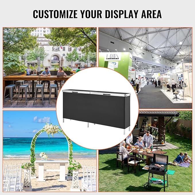 VEVOR Extra Long Folding Portable Bar Tradeshow Podium Table for Indoor, Outdoor, Party, Picnic, Exhibition, Includes Carrying Case, Storage Shelf and Black Skirt, 77.95" x 15.16" x 34.65"