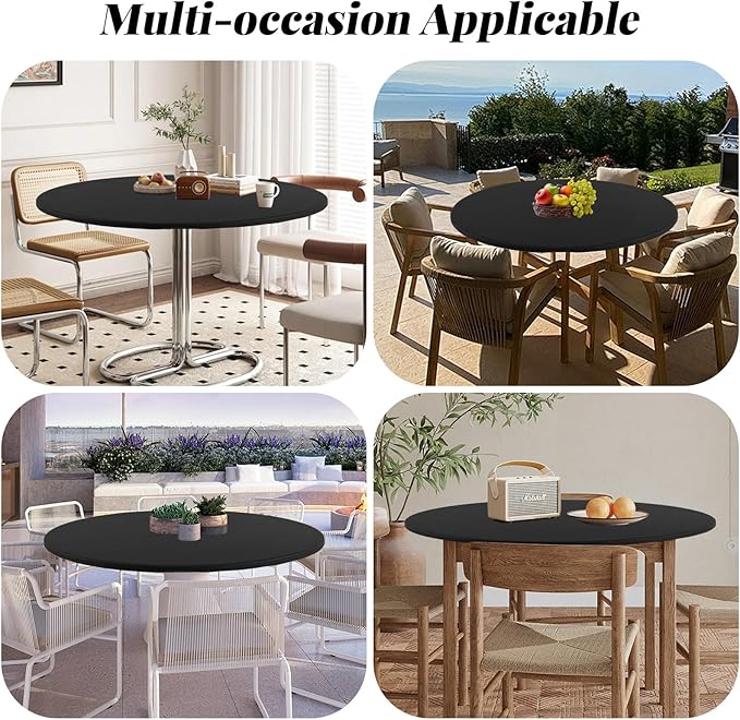 LURKA Round PU Leather Table Cover/Tablecloth with Elastic Hem – Waterproof, Oil-Proof, Scratch-Resistant, Wipeable Spill Protector for Dining Table, Kitchen, Outdoor Party (Black, 4FT-Round)
