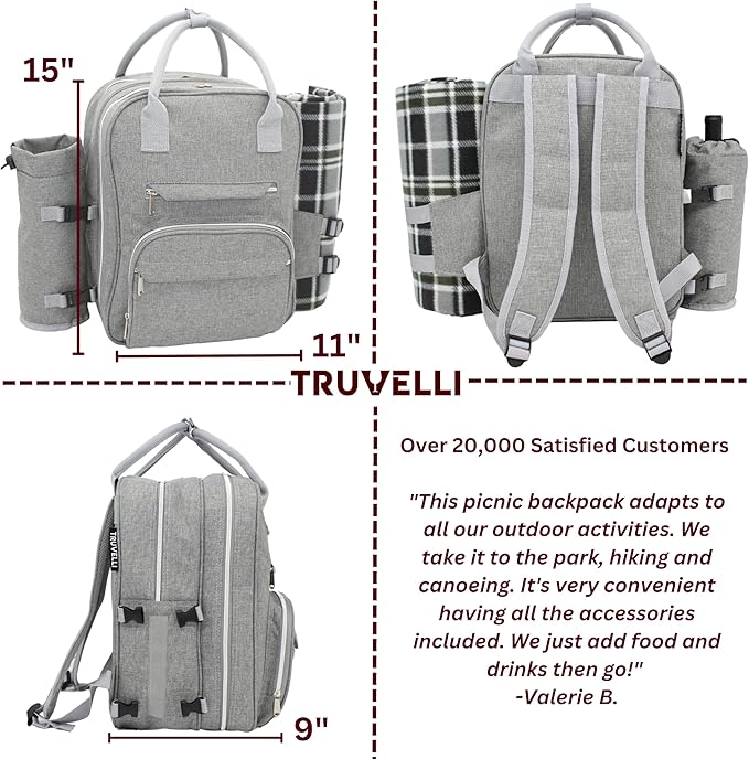 Truvelli Picnic Backpack for 2 with Blanket – 12-in-1 Insulated Picnic Basket Backpack Set with‬ Wine Holder, Cutlery & Cheese Board – Luxury Picnic Back Pack for Couples, Outdoor‬ Adventures, Gray
