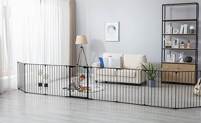 AUXSOUL 196" Extra Wide Baby Gate Metal Safety Playpen - Fireplace Fence for Toddler/Pet/Dog, Max Length 196", 8-Panel (30" H, Black)