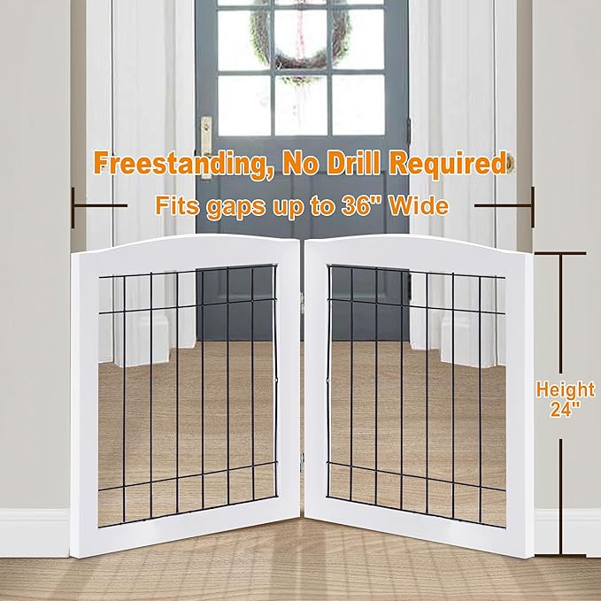 LZRS 2-Panel Freestanding Foldable Wood Dog Gate – Solid Wood & Steel Wire, Chew-Resistant Pet Barrier for Indoor Use, Ideal for Small to Medium Dogs, White