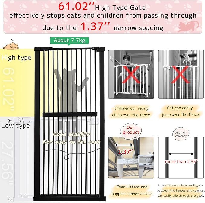 Lumizone Extra Tall Cat Gate 61.02" High Pressure Mounted Extra Wide 34.06"-38.38" (17Sizes) 1.37" Gap No Drilling Auto-Close Tall Pet Gate for Dogs (Black, 34.06"-38.38" W)