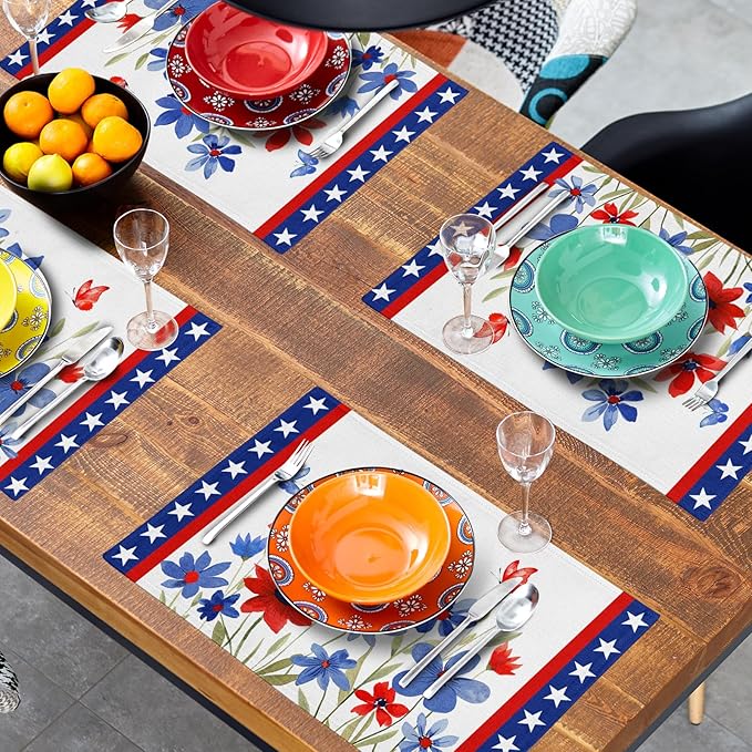 Giwawa 4th of July Placemats Set of 4 Watercolor Patriotic Flowers Stars Table Mats 12x18 Inch Independence Day Floral Heat Resistant Washable Linen Place Mat for Kitchen Dining Party Decor